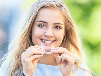 A young woman with blonde hair is smiling at the camera while holding up a clear plastic mouthguard.