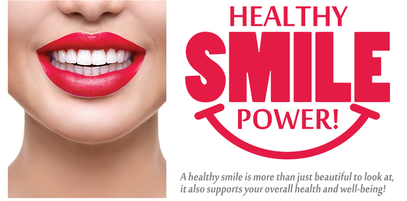 The image features a close-up of a person s face with red lipstick, displaying a healthy smile, and overlaid text that reads  HEALTHY SMILE POWER.